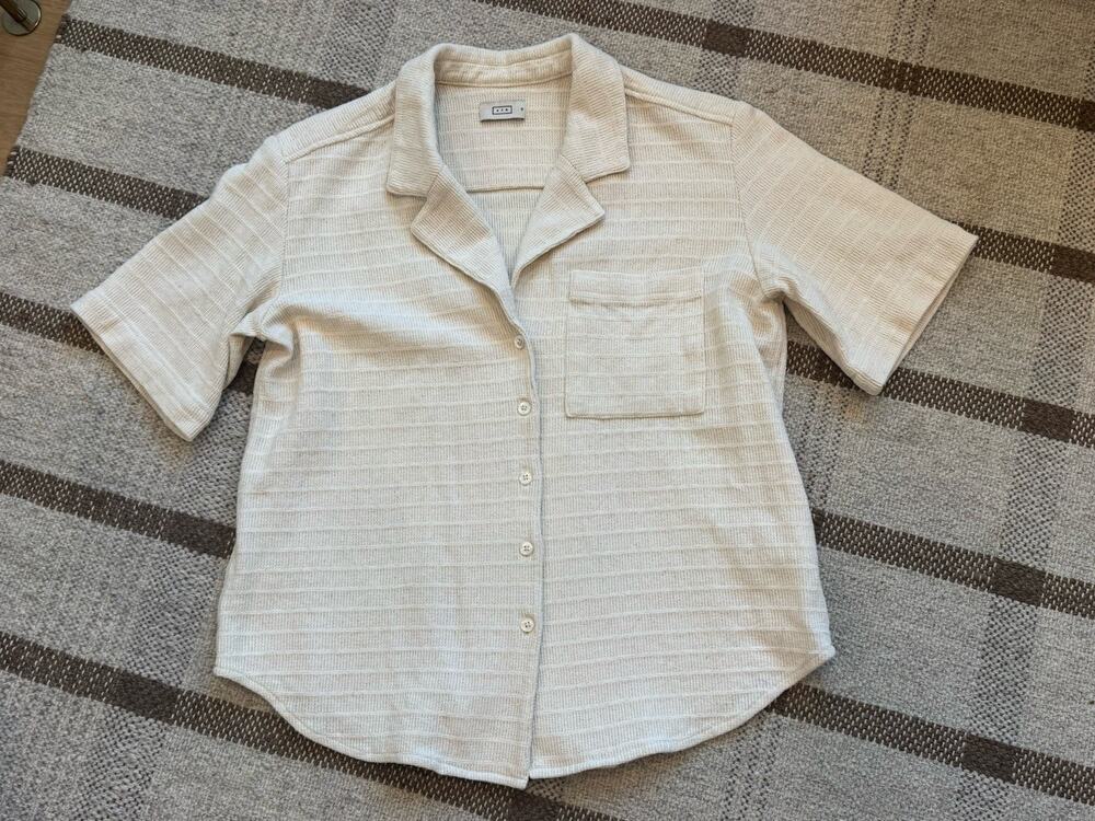AYR The Pool Boy Button Up Shirt Straw Hat Beige Medium Knit Short Sleeve Womens